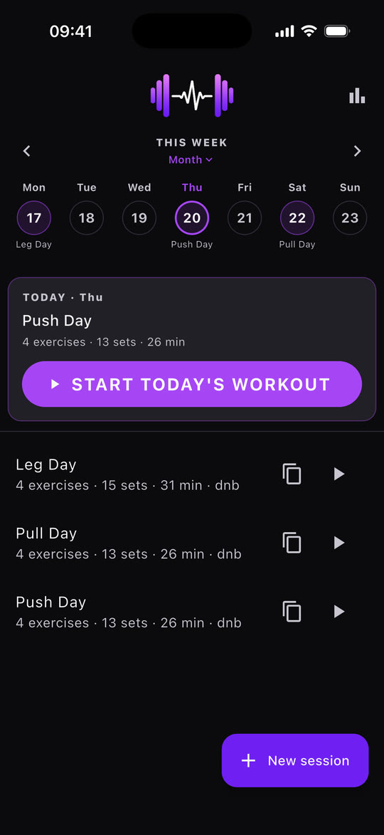 The Droplift home screen: a week strip with Push Day, Pull Day and Leg Day on it, a card for today's session, and a large start button.