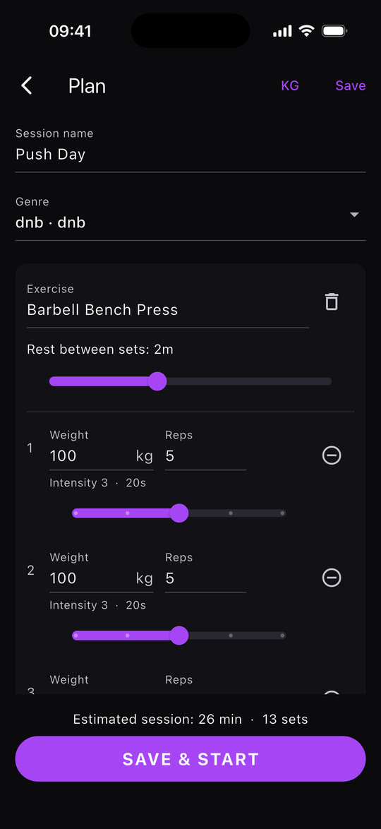 The Droplift plan builder, showing Push Day with a bench press, its rest period, and each set's weight, reps and intensity.